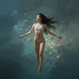 a thin, pretty young Filipino woman with long hair floats in a dreamy world, full body view, very beautiful, inspiring, dramatic lighting, abstract digital art, trending on artstation