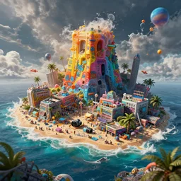 an impressive ominous cinematic shot photo of a plastic beach island caustics cumulo volumetric dynamic fluid simulation lighting impressive masterpiece graffiti hyper perspective textured detailed intricate sharp focus 8 k realistic illustration canon eos r 3 fujifilm x - t 3 0 sony alpha, by james gurney tooth wu artgerm colorful