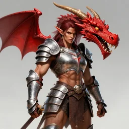 muscular halfling woman warrior, with a full set of plate armor, wearing an enormous red dragon head, clyde cadwell