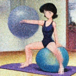 anime woman wearing a leotard using an exercise ball, 90s' anime training tape.