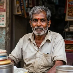 hyperdetailed portrait of a calcutta shop owner