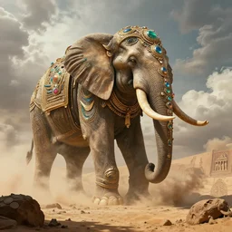 epic view of an ancient Desert surrounded by clouds, Giant imposing biomechanical Elephant covered in jewels, ornate, biomechanical Elephant, full of strange statues and murals, full of smoke and dust, hyper real, Indiana Jones, Tomb Raider, trending on artstation, concept art, cinematic, jewels, by Greg Rutkowski