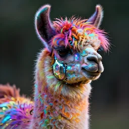 llama with dreadlocks,  vibrant colors, cybernetic glowing, by jarold Sng  by artgerm, by Eddie Mendoza, by Peter mohrbacher by tooth wu, unreal engine, octane render, cinematic light, high details, iridescent colors, dichroic, macro