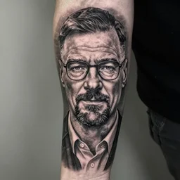 realistic tattoo of walter white, forearm, black and white, highly detailed