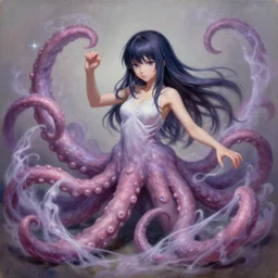 ultrarealistic, oil painting, a lifelike anime girl transforming into a tentacle monster, surrounded by magic wisps, highly rendered, dramatic lighting, steel armor, cosmic horror, extremely detailed, concept art, award - winning, masterpiece, art by alex grey