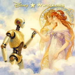 robot touching an athletic man, clouds, highly detailed, gold filigree, romantic storybook fantasy, soft cinematic lighting, award, disney concept art watercolor illustration by mandy jurgens and alphonse mucha and alena aenami, pastel color palette, featured on artstation