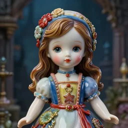 cute porcelain doll natalie domer, mark ryden style, vivid colors, high details, cinematic, 8 k resolution, beautiful detailed, photorealistic, digital painting, dark atmosphere, artstation, concept art, smooth, sharp focus, illustration, fantasy background, artstation trending, octane render, unreal engine