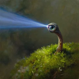 an eye - stalk in moss shooting a laser beam. indoor. oil painting