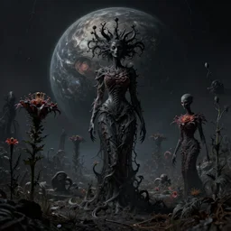 datura stramonium dark planet eerie but beautiful landscape with lifeforms created from nightmares, hyper detailed, ultra realistic, cinematic lighting, cinematic photography, photography in style of mucha, 8 k, high quality image,