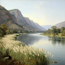 hudson river school painting, naturalism, great river, Phragmites, steep mountains on the left, idyll, epic, 4k
