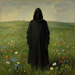 grim reaper looking at you in distance in beautiful meadow of flowers, detailed painting by rene magritte