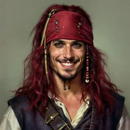 portrait of a young ruggedly handsome but joyful pirate, male, masculine, upper body, deep red crimson hair, long hair, d & d, fantasy, roguish smirk, intricate, elegant, highly detailed, digital painting, artstation, concept art, matte, sharp focus, illustration, art by artgerm and greg rutkowski and alphonse mucha