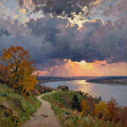 painting by sargent and leyendecker and greg hildebrandt savrasov levitan epic evening sky at sunset, low thunder clouds foothpath at indian summer, wide river and lake, horizon tiny old house on top of hill view from above
