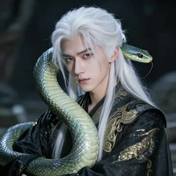 a fantasy character with white hair who looks like a snake