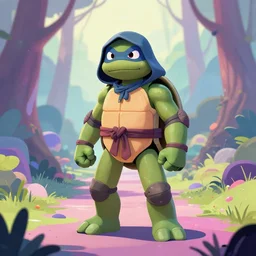 shamanistic teenage mutant ninja turtle, wearing hood, on otherworldly forest path, pixiv fanbox, dramatic lighting, maximalist pastel color palette, splatter paint, pixar and disney concept, graphic novel by fiona and dustin nguyen, peter elson, alan bean, wangechi mutu, clean cel shaded vector art, on artstation
