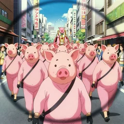 manga drawing of a parade on the streets Tokyo everyone in the parade is wearing a pig mask and is dressed in pink and wearing pig masks, film still from the an anime directed by Katsuhiro Otomo with art direction by Salvador Dalí, wide lens