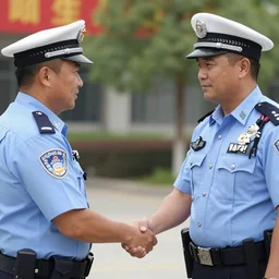 A police officer shaking hands with a sheriff, photorealistic