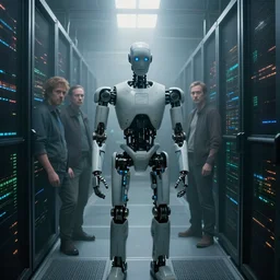 extremely detailed cinematic movie still 3 0 7 7 foggy portrait shot of a robot in an endless data centre by denis villeneuve, wayne barlowe, simon birch, philippe druillet, beeple, volumetric sunlight from small windows