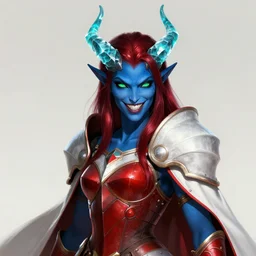 masterful mtg concept art portrait, female demon warrior, deep blue skin, straight translucent crystal aquamarine horns, shiny dark blood red hair, shifty lime green eyes and a playful fanged smile wearing teal lined crimson plate armor and a white cape with red lining, highly detailed masterpiece, dnd, dungeons and dragons, magic, artstation trending, 8 k