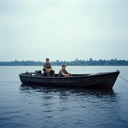 film still, far view, landscape, emma watson soldier, vietnam patrol boat, kodak ektachrome, blue tint expired film,