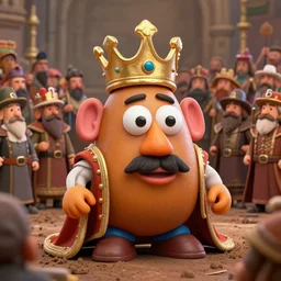 the potato king appears before the large crowd of his subjects in all his glory, concept art, blender, googly eyes, realistic dirt.