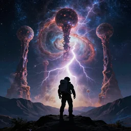 astronaut silhouette in foreground, on a mountain on beautiful alien world, fractal lightning shooting by, mandelbulb pillars of creation nebula in background, starfield in background, style of Tyler Edlin, style of Tim White
