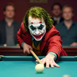 a highly detailed beautiful portrait of the joker playing pool, by gregory manchess, james gurney, james jean