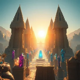futuristic egyptian metropolis, realistic highly detailed crystal and gemstone relics, bright sun magic hour, digital painting, solid cube of light, hard edges, artstation, sharp focus, illustration, 8 k highly detailed, ultra realistic