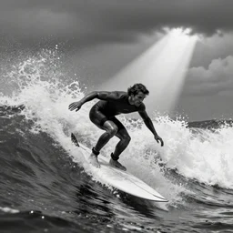 black and white, 3d, photorealistic imagery, surfer