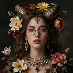 of a woman, surreal Portrait inspired by Natalie Shau, flowers with horns, jewellery,round glasses,cinematic