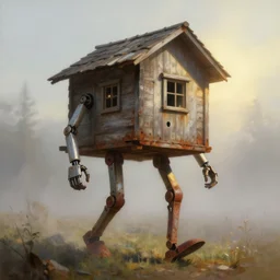 a walking wood house with two mechanical legs and two glowing eyes and a mouth, rust, hyperrealistic, pareidolia, highly detailed, cinematic, single ray of sun, fog, beautiful, cgssociety, artstation, 8 k, oil painting