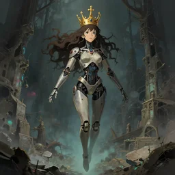 detailed, sharp, dreaming humanoid gothic female automata floating wearing golden crown above ruined dystopia by Anna Dittmann and by studio ghibli . digital art. surreal. featured on art station. anime arts. featured on Pixiv, HD, 8K, highly detailed, good lighting