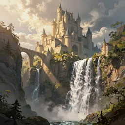 an illustration of a castle on top of a mountain, over a high waterfall, bridges connecting the buildings, low angle, high detail, warm lighting, volumetric, godrays, vivid, huge scene, a detailed matte painting by jordan grimmer and greg rutkowski, artstation, fantasy art