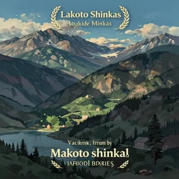 lakeside mountains, by makoto shinkai