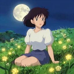 Lucy Heartfilia sitting in a field of Ghibli Clover | Big Moon at Night | GLOWING FLOWERS | strong blue rimlit | visual-key | anime illustration | highly detailed | in the style of Anmi