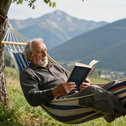my older italian wise friend on a hammock, reading new book, gravity is strong, he is very relaxed, mountains in a background