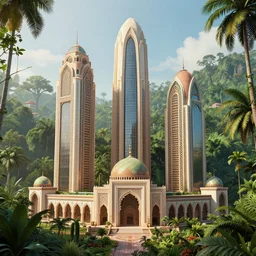 futuristic solarpunk skyscrapers with retro vintage morroco mosques styled architecture details, surrounded by the amazon jungle, hd, 8 k, octane render, christophe vacher