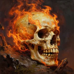 fiery skull contemplating life, gracked, detailed, painted by raymond swanland, (((giger)))