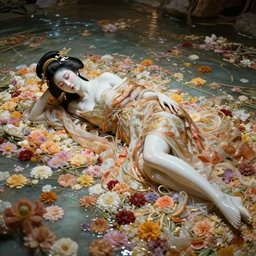 baroque portrait of a geisha woman of porceline skin lying down in a river made of thousand of flowers, cinematic lighting, photorealistic, octane render, 8 k, depth of field, art by artgerm and greg rutkowski and alphonse mucha and uang guangjian