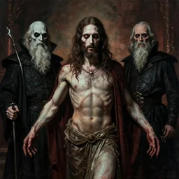 a wicked version of jesus christ as depicted in the satanic bible, sinful and wretched by gerald brom and zadislaw beksinksi and giger