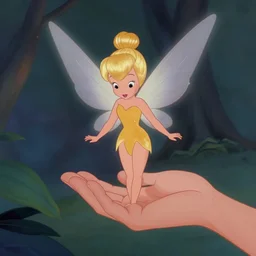 tinkerbell landing on a hand, golden dress, disney animation ( 1 9 8 9 )
