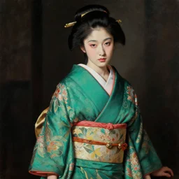 imperial beautiful woman in an intricate green kimono dramatic lighting oil painting