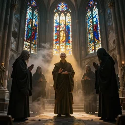 Photorealistic strange dark monks perform a ritual in a ruined cathedral.  Colorful Light shines through stained glass windows.  Ominous mist. occult photorealism, UHD, amazing depth, glowing, golden ratio, 3D octane cycle unreal engine 5, volumetric lighting, cinematic lighting, cgstation artstation concept art