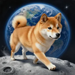 painted closeup of cute shiba inu, walking on the moon, the earth in the background, gravity, fantasy intricate elegant extremely detailed digital painting trending artstation concept art sharp focus illustration art by gustave courbet greg rutkowski craig mullins