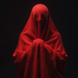 enigmatic figure wrapped in red sheet in darkness, high contrast, hard light, digital art, rendering, cloth simulation, redshift