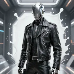 cyborg in leather jacket. future background by josan gonzalez splash art graphic design color splash high contrasting art, fantasy, highly detailed, art by greg rutkowski