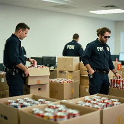 film still of fbi agents searching boxes filled with coke cans and mcdonalds boxes in a mansion office in the new political thriller movie, 8 k