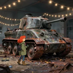 wholesome animation key shot, ultra wide, intricate, parka redhead explore abandoned rusty schwerer gustav!!!!, ambient occlusion, party lights, studio ghibli, pixar, disney concept art watercolor illustration by alena aenami, deep color, bloom!!! dramatic lighting, alphonse mucha, pastel palette, blue sky, dappled sunlight
