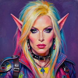 rosie o'donnell as an apocalyptic scifi orcish ellen degeneres biker character, psychedelic vibrant colors, futuristic punk rock fashion, oil painting by michael whelan art, perfect face, sharp focus, detailed eyes, realistic, 8 k