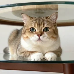 cute fat cat lying with paws tucked under body on a glass table, photo taken from underneath